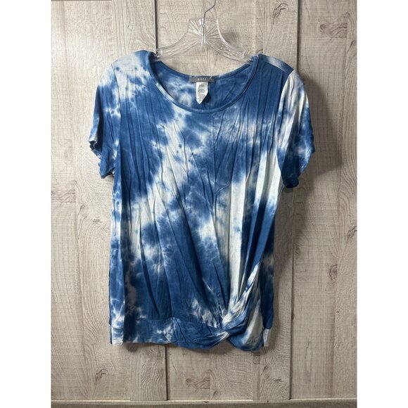 Gyft Tops - Tie-Dye Blue & White Rayon Spandex Short Sleeve Womens Shirt Top Size M